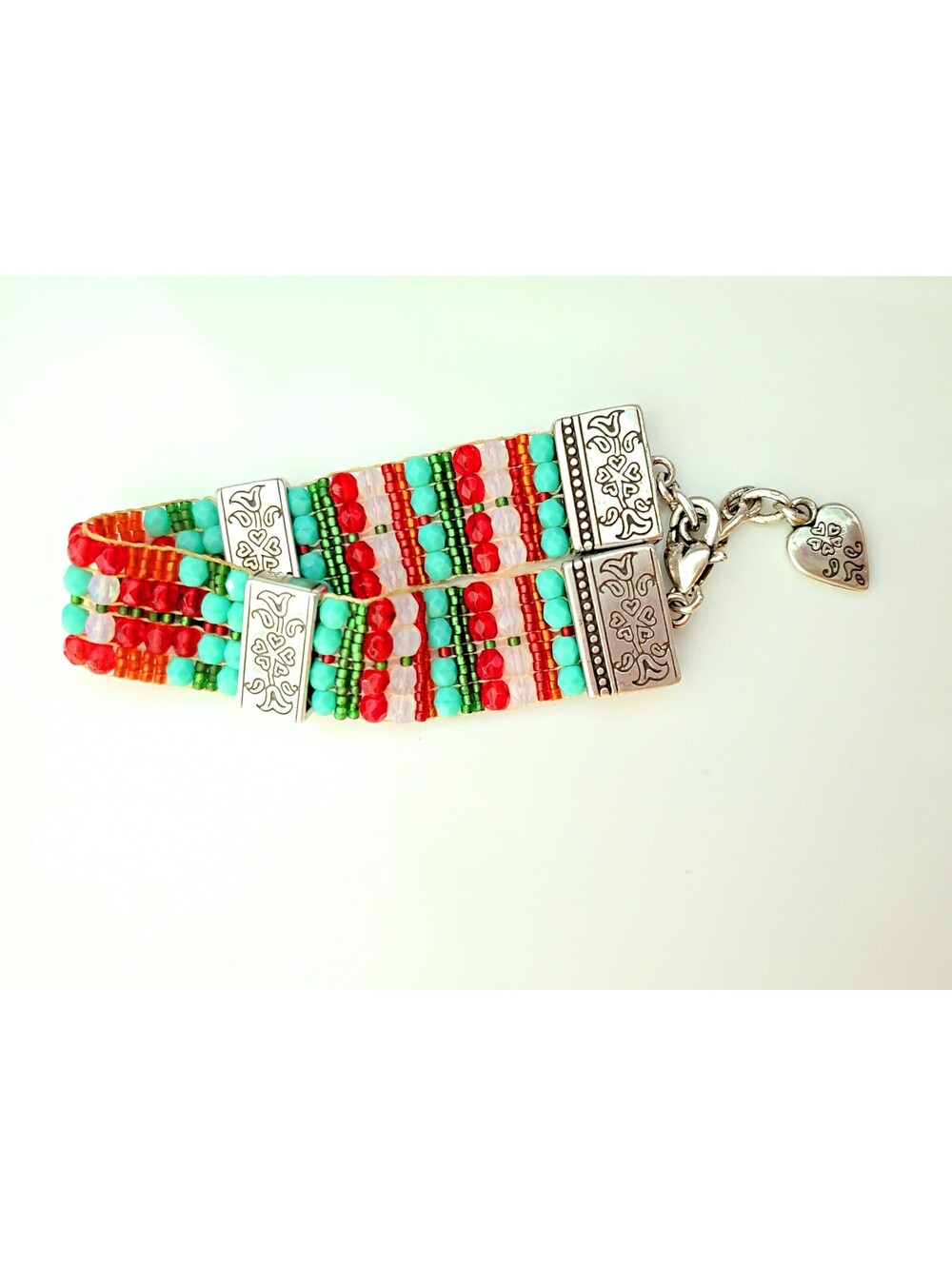 Vintage Brighton Red and Green Silver Floral Engraved Bracelet